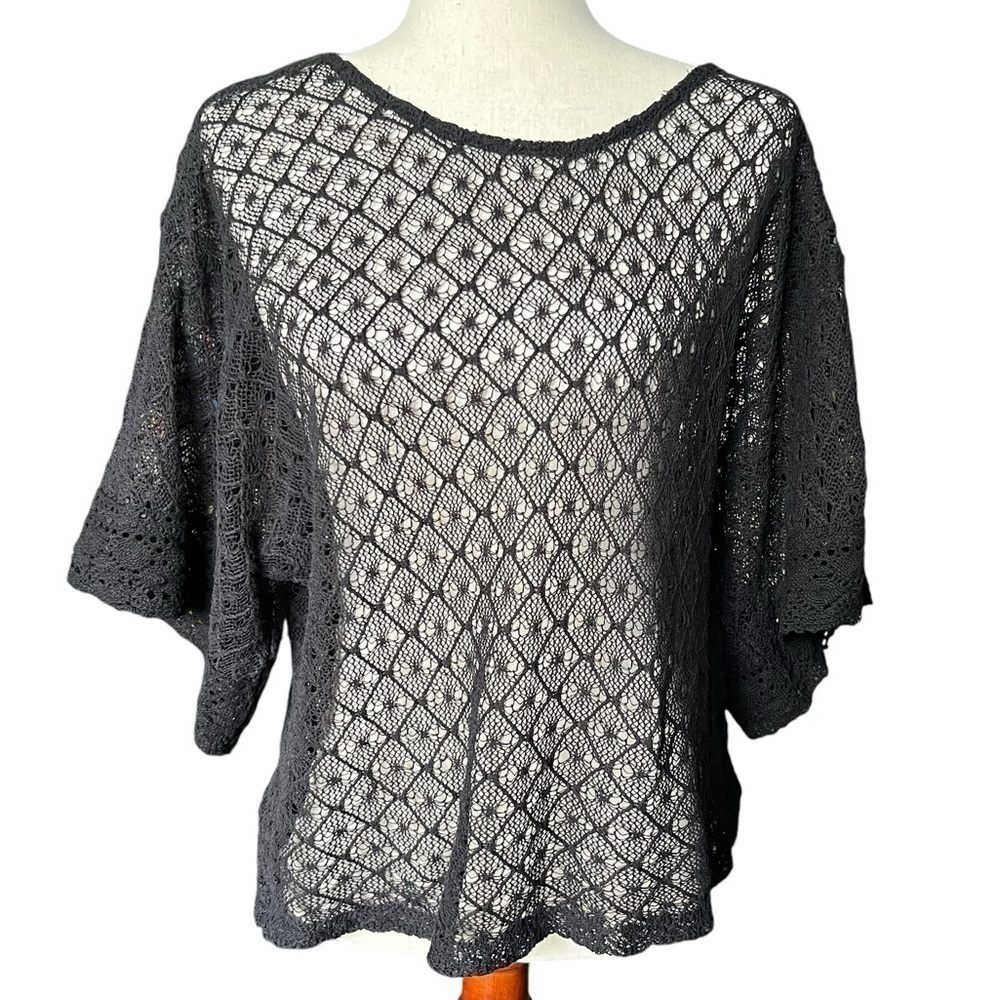 John Paul Richard Crochet Open Knit Black Top Short Sleeve Size M Boho Beach